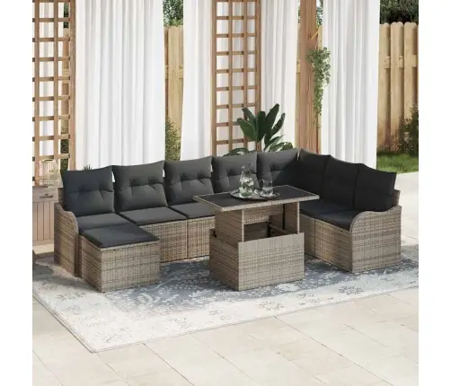 Sodo Sofų Rinkinys Su Pagalve 9 Pcs Pilka Poli Ratanas