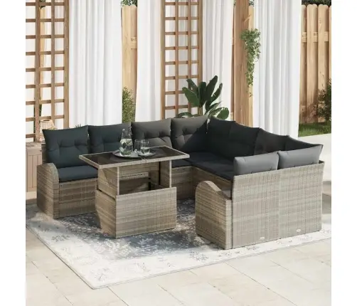 Sodo Sofų Rinkinys Su Pagalve 9 Pcs Šviesiai Pilka Poli Ratanas