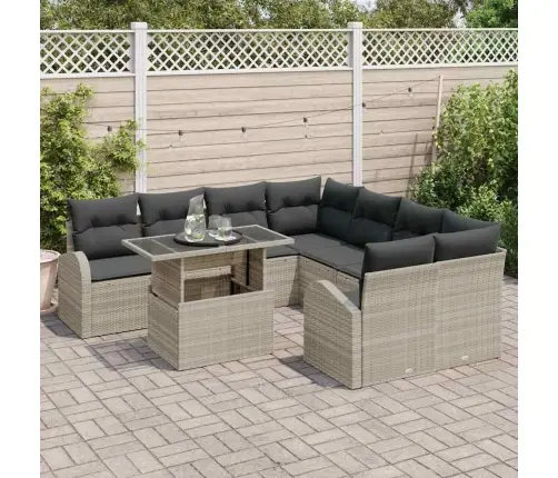 Sodo Sofų Rinkinys Su Pagalve 9 Pcs Šviesiai Pilka Poli Ratanas