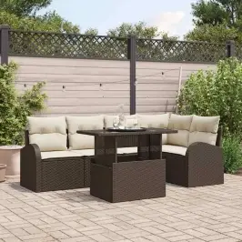 Sodo Sofų Rinkinys Su Pagalve 6 Pcs Ruda Poli Ratanas
