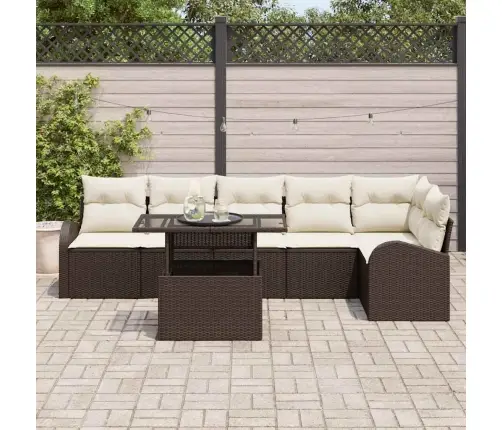 Sodo Sofų Rinkinys Su Pagalve 7 Pcs Ruda Poli Ratanas