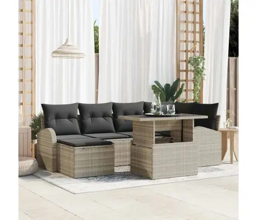 Sodo Sofų Rinkinys 7 Pcs Šviesiai Pilka Poli Ratanas