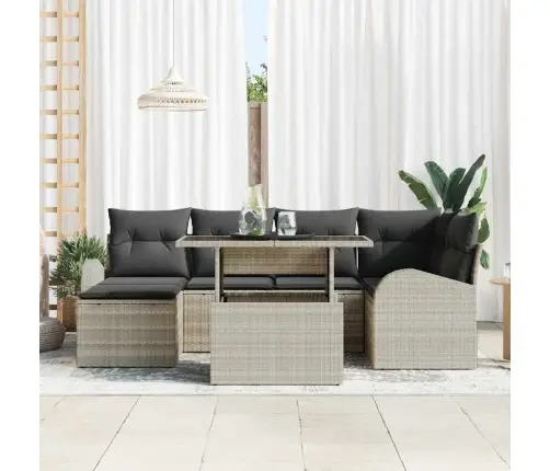 Sodo Sofų Rinkinys 7 Pcs Šviesiai Pilka Poli Ratanas