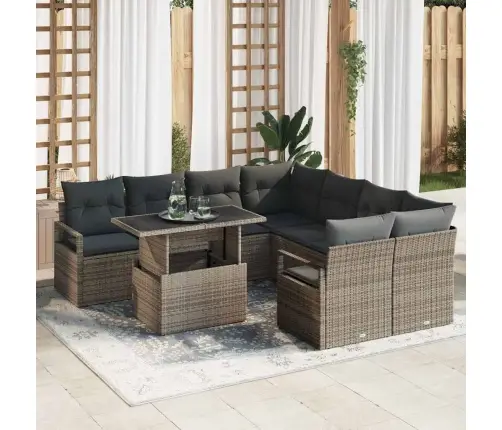 9 Daļu Dārza Dīvānu Komplekts Ar Spilveniem Pelēka Poli Rotangpalmas Vidaxl