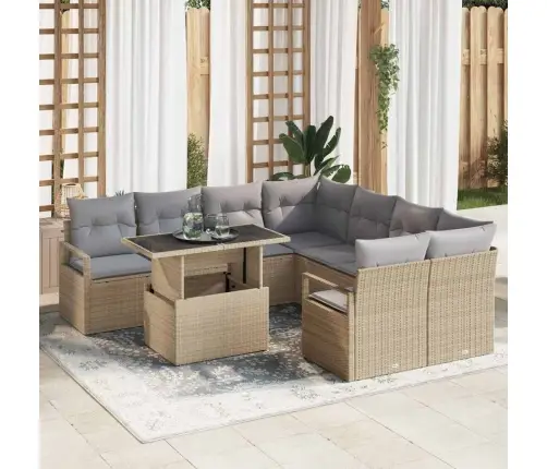 Sodo Sofų Rinkinys Su Pagalve 9 Pcs Smėlio Poli Ratanas