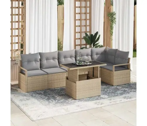 7 Daļu Dārza Dīvānu Komplekts Ar Spilveniem Bēša Poli Rotangpalma Vidaxl