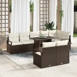 Sodo Sofų Rinkinys Su Saugykla 9 Pcs Ruda Poli Ratanas