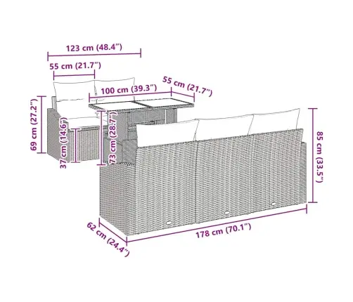Sodo Sofų Rinkinys Su Saugykla 6 Pcs Pilka Poli Ratanas