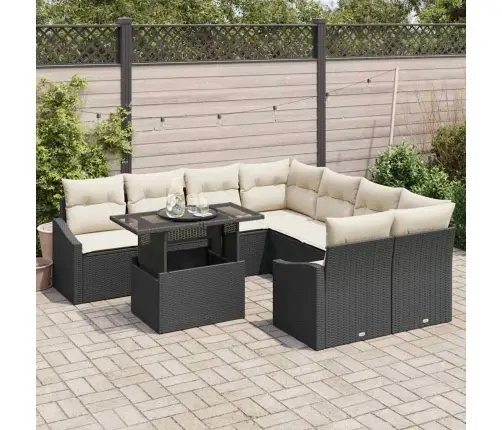 9 Daļu Dārzā Dīvāns Ar Spilveniem Melna Polirattā Vidaxl