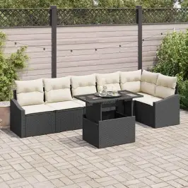 Dārza Dīvānu Komplekts Ar Spilvenu 7 Pcs Melns Un Krēmkrāsa Vidaxl