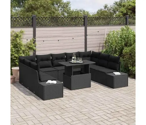 Sodo Sofų Rinkinys Su Saugykla 10 Pcs Juoda Poli Ratanas