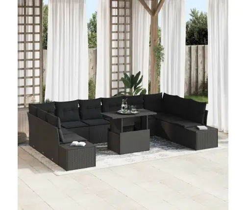 Sodo Sofų Rinkinys Su Saugykla 11 Pcs Juoda Poli Ratanas