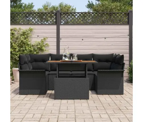 7 Daļu Dārza Dīvānu Komplekts Ar Spilveniem Melns Poli Rotangpalma Vidaxl