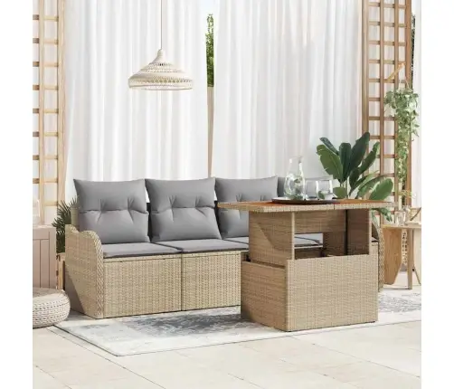 5 Daļīgu Dārza Dīvānu Komplekts Ar Spilveniem Bēša Poli Ratanā Vidaxl