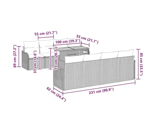 9 Daļu Dārza Dīvānu Komplekts Ar Spilveniem Melnu Polietilēna Rotangpalmu Vidaxl