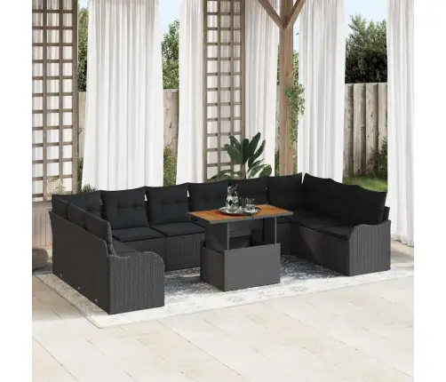 Sodo Sofų Rinkinys Su Saugykla 11 Pcs Juoda Poli Ratanas