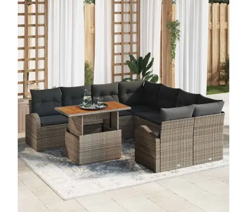 Sodo Sofų Rinkinys Su Saugykla 9 Pcs Pilka Poli Ratanas