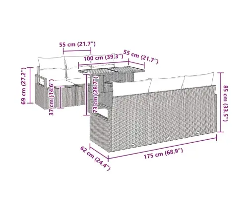 Sodo Sofų Rinkinys Su Saugykla 7 Pcs Pilka Poli Ratanas