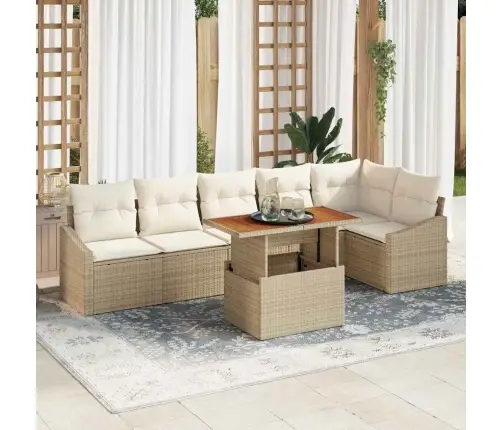 7 Daļīgu Dārza Dīvānu Komplektu Ar Spilveniem Bēšā Poliratanā Vidaxl