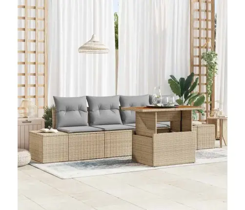 5 Daļu Dārza Dīvānu Komplekts Ar Spilveniem Bēšs Polietilēna Rotangpalma Vidaxl