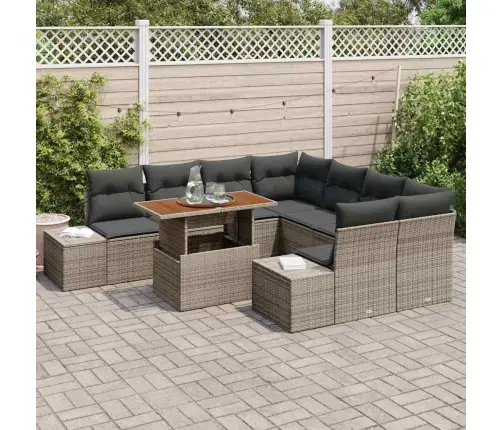 9 Vienību Dārza Dīvānu Komplekts Ar Spilveniem Pelēks Polietilēna Rotangpalmas Vidaxl
