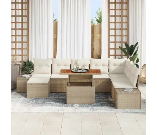 9 Daļu Dārza Dīvānu Komplekts Ar Spilveniem Bēšs Polirattanā Vidaxl