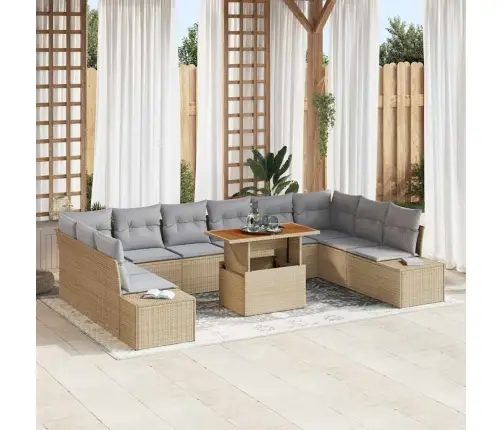 11 Daļu Dārza Dīvānu Komplekts Ar Spilveniem Bēšs Poli Rotangpalma Vidaxl