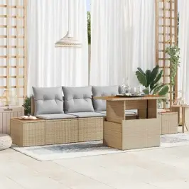 Sodo Sofų Rinkinys Su Saugykla 5 Pcs Smėlio Poli Ratanas