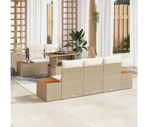 6 Daļu Dārza Dīvānu Komplekts Ar Spilveniem Bēšā Poli Ratanā Vidaxl