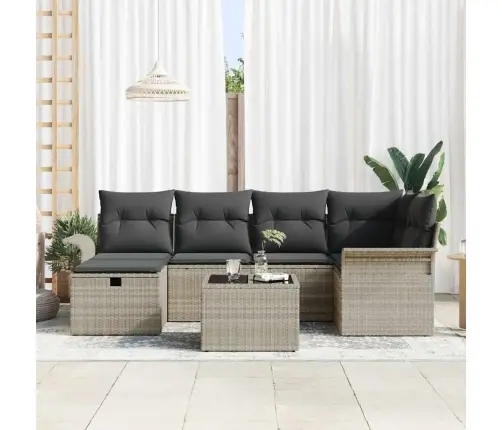 Sodo Sofų Rinkinys Su Pagalve 7 Pcs Šviesiai Pilka Poliratanas