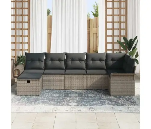 7 Daļu Dārza Dīvānu Komplekts Ar Spilveniem Pelēks Polietilēna Rotangpalma Vidaxl