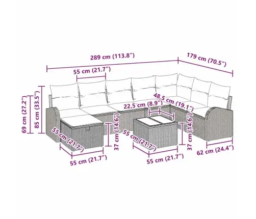 9 Daļu Dārza Dīvānu Komplekts Ar Spilveniem Brūns Poli Rotangpalma Vidaxl