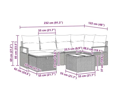 7 Gabalu Dārza Dīvānu Komplekts Ar Spilveniem Bēšs Poli Rattan Vidaxl