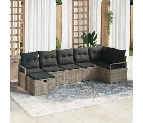 7 Daļu Dārza Dīvānu Komplekts Ar Spilveniem Pelēkā Poli Rotangpalma Vidaxl