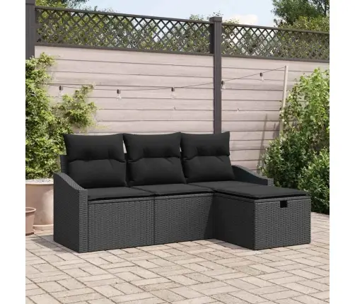 Sofos Komplektas Su Pagalve Su Saugykla 4 Pcs Juoda Poliratanas