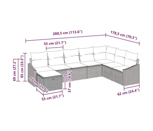8 Daļu Dārza Dīvānu Komplekts Ar Spilveniem Pelēkā Polietilēna Rotangpalmas Vidaxl