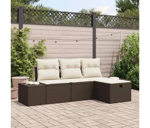 Sodo Sofų Rinkinys Su Pagalve 4 Pcs Ruda Poli Ratanas