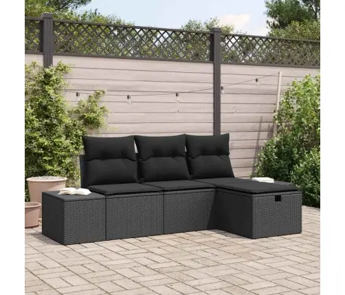 Sodo Sofų Rinkinys Su Pagalve 4 Pcs Juoda Poli Ratanas