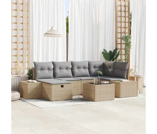 7 Gabalu Dārza Dīvānu Komplekts Ar Spilveniem Bēšs Poli Rotangpalma Vidaxl