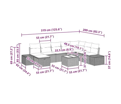 9 Daļu Dārza Dīvānu Komplekts Ar Spilventiņiem Pelēks Poli Rotangpalma Vidaxl