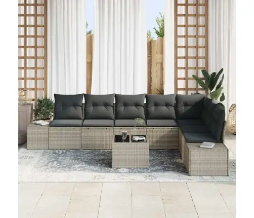 Sodo Sofų Rinkinys Su Pagalve 9 Pcs Šviesiai Pilka Poliratanas