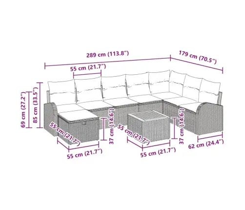 9 Gabalu Dārza Dīvānu Komplekts Ar Spilveniem Bēšs Polietilēna Rotangpalma Vidaxl