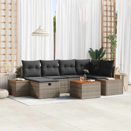 Sodo Sofų Rinkinys Su Pagalve 7 Pcs Pilka Poli Ratanas