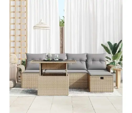 Sodo Sofų Rinkinys Su Pagalve 6 Pcs Smėlio Poli Ratanas