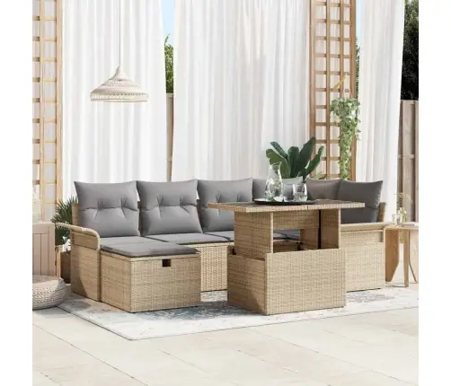 7 Daļu Dārza Dīvānu Komplekts Ar Spilveniem Bēšā Polirattanā Vidaxl