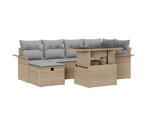 7 Daļu Dārza Dīvānu Komplekts Ar Spilveniem Bēšā Polirattanā Vidaxl