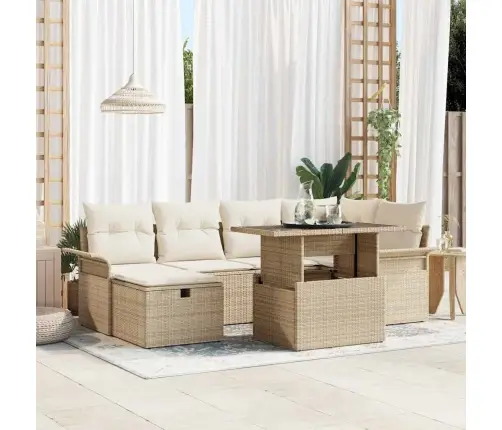 7 Gabalu Dārza Dīvānu Komplekts Ar Spilveniem Bēšs Poli Rotangpalma Vidaxl