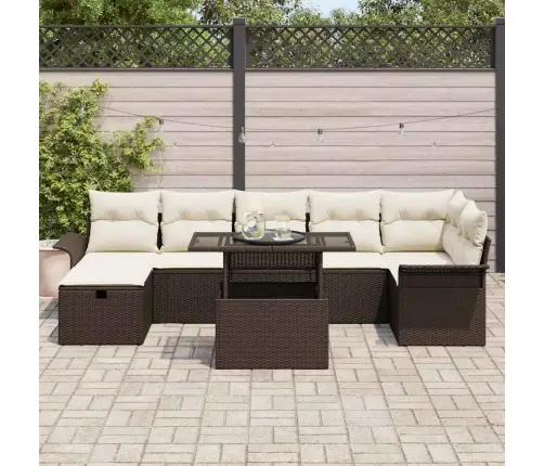 8 Gabalu Dārza Dīvānu Komplekts Ar Spilveniem, Brūnas Krāsas Poli Rotangpalma Vidaxl