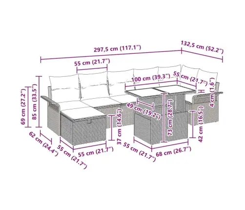 8 Gabalu Dārza Dīvānu Komplekts Ar Spilveniem, Brūnas Krāsas Poli Rotangpalma Vidaxl