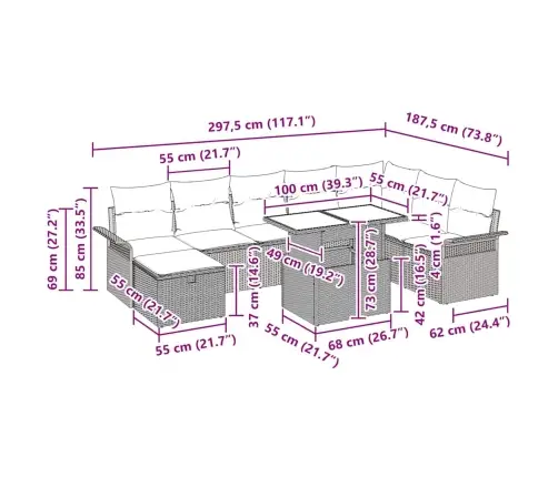 9 Daļu Dārza Dīvānu Komplekts Ar Spilveniem Pelēkā Poliratanā Vidaxl